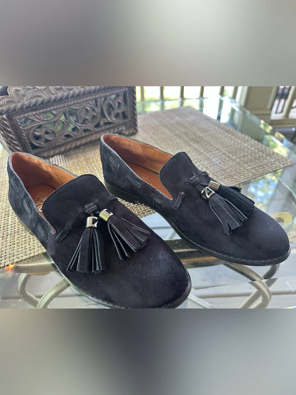 Franco Sarto Black Suede Hartlie Tassel Loafers with Metallic Accent